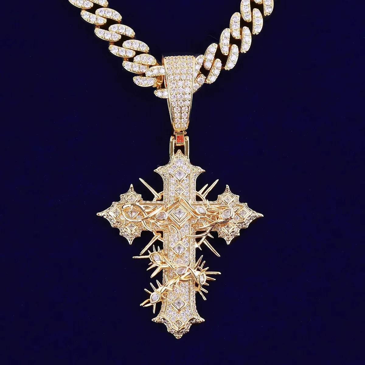 Women's Iced Out Thorned Gothic Cross Pendant | Hip Hop Spiky Cross Necklace | Genuine Copper CZ Jewelry | Street Luxe Bling | Caratix - CaratixJewelry